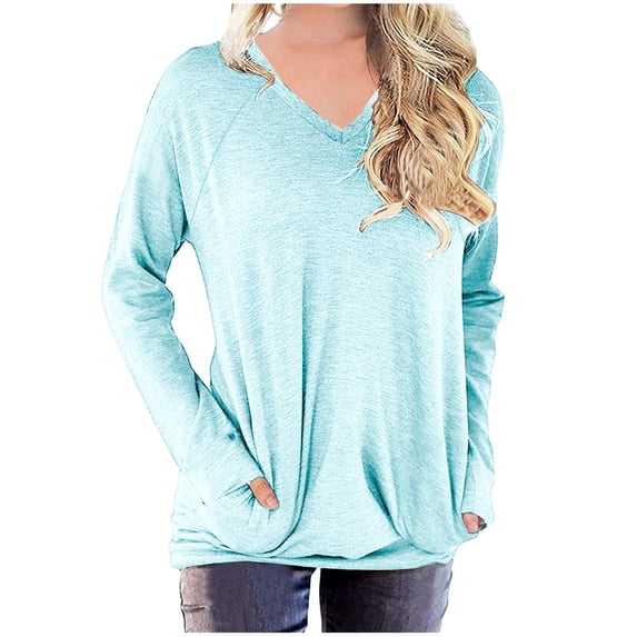 Womens Pocket Shirts Casual Loose Fit Tunic Top Comfy Cute Sweatshirts Long Sleeve V Neck Pullovers T-Shirts