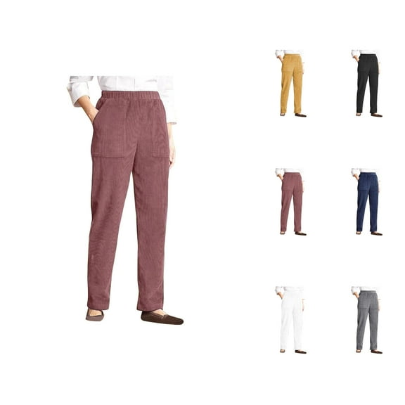 Womens Pocket Solid Elastic Waist Stripe Straight Tube Casual Pants Summer Pants