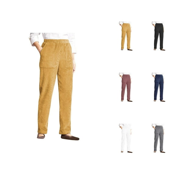 Womens Pocket Solid Elastic Waist Stripe Straight Tube Casual Pants Womens Capris Casual