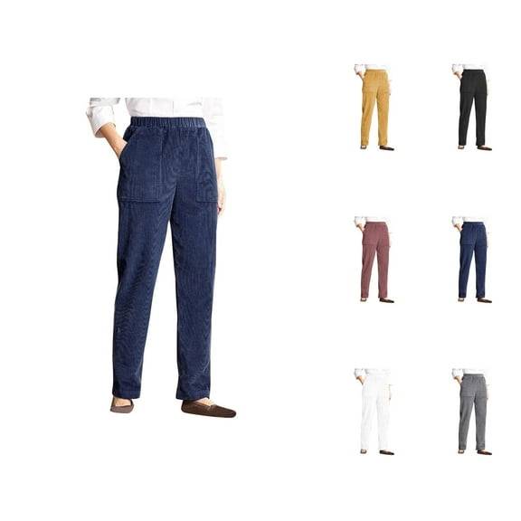 Womens Pocket Solid Elastic Waist Stripe Straight Tube Casual Pants Womens Capris For Summer