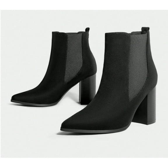 Womens Pointed Toe Ankle Boots Elastic Chunky Block Stacked Mid Heel Slip On Chelsea Booties