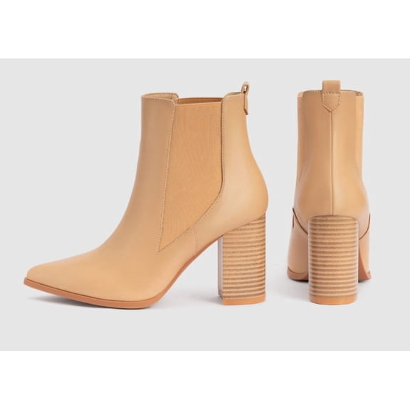 Womens Pointed Toe Ankle Boots Elastic Chunky Block Stacked Mid Heel Slip On Chelsea Booties