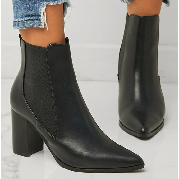 Womens Pointed Toe Ankle Boots Elastic Chunky Block Stacked Mid Heel Slip On Chelsea Booties