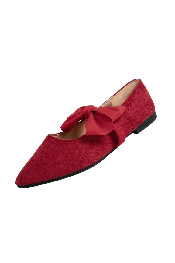 Womens Pointed Toe Bow Flats with Padded Insole, Comfortable Slip-On Dressy Ballet Shoes for Work & Casual, Red,Size 6