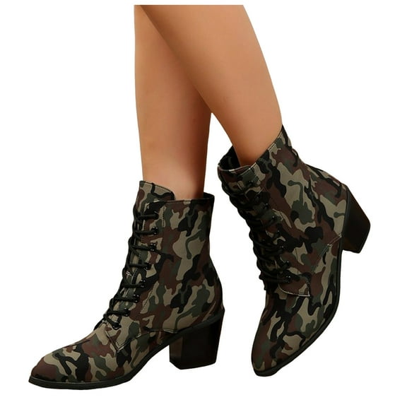 Womens Pointed Toe Camouflage Combat Boots Fashion Chunky High Heel Lace Up Mid Calf Motocycle Booties