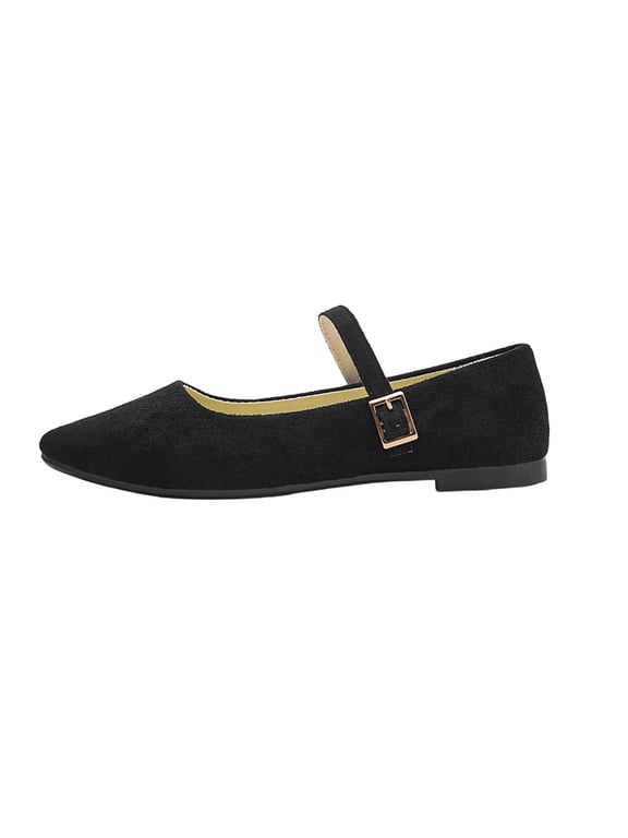 Womens Pointed Toe Mary Jane Flats Work Office Adjustable Strap Buckle Comfortable Non-slip Cushioned Shoes Suede-like Flock Casual Black,Size 7.5