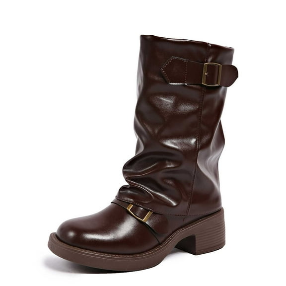 Womens Pointed Toe Mid Calf Boots Heel Fold Over Boots Pull On Non Fashion Boots Dress Tall Boots for Women(Color:Brown,Size:7)