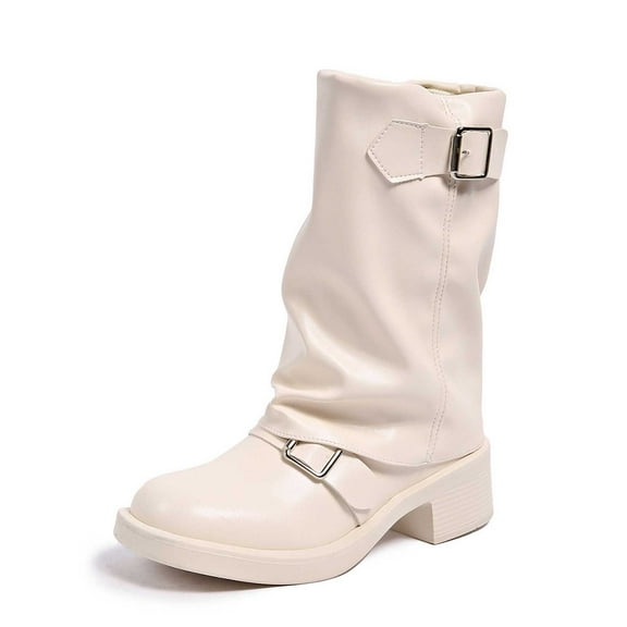 Womens Pointed Toe Mid Calf Boots Heel Fold Over Boots Pull On Non Fashion Boots Dress Tall Boots for Women(Color:White,Size:7)
