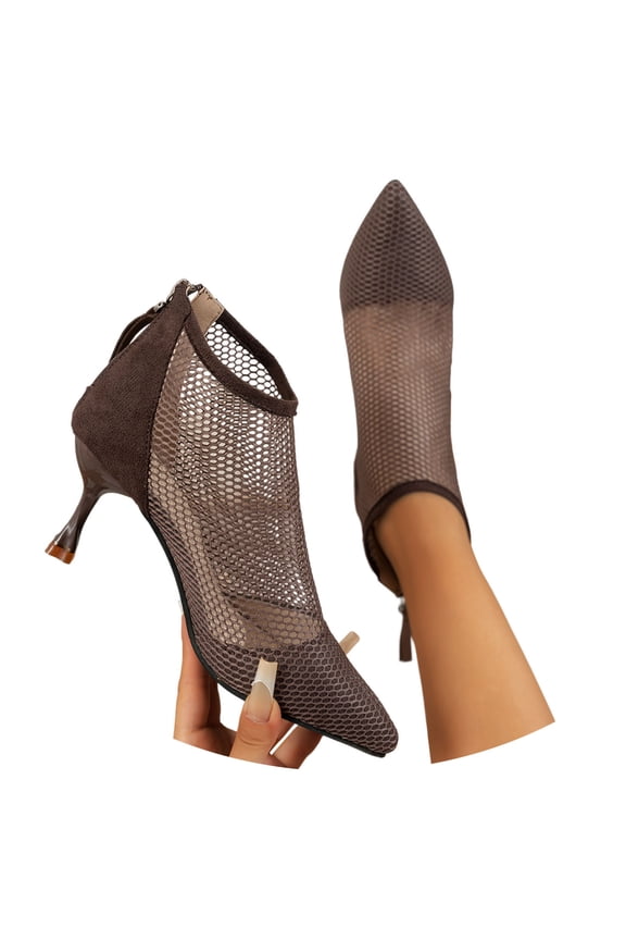 Womens Pointed Toe Stiletto Heels Rhinestone Booties Fashion Mesh Ankle Boots Ballroom Dance Shoes Sandal Heels, Coffee, Size 5.5