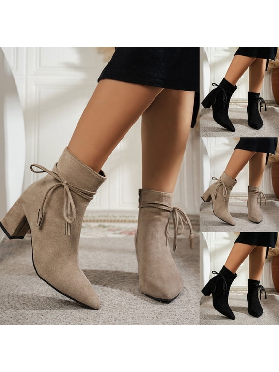 Womens Pointed Toe Suede Mid Calf Boots Chunky Heel Tie Knot High Toe Dressy Pumps Shoes with Side Zipper Black 5.5
