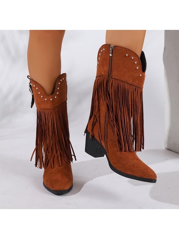Womens Pointed Toe Western Cowboy Boots, Suede Fringe Rivet Decor Side Zipper Mid Calf Block Heel Fashion Boots