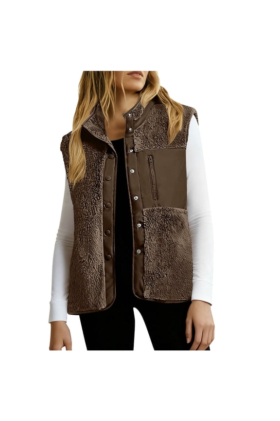 Womens Polar Fleece Vest Button Down V Neck Sleeveless Fuzzy Jacket Fall Winter Casual Outwear with Pocket