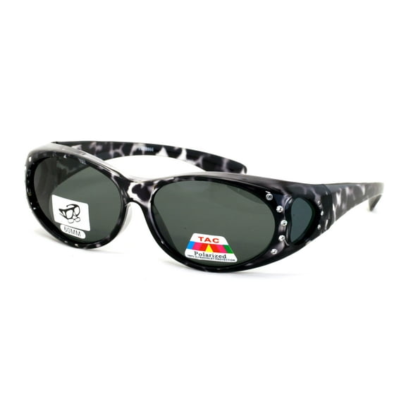 Womens Polarized Fit Over Glasses Sunglasses Rhinestone Rectangular Heart 60mm -Grey Leopard