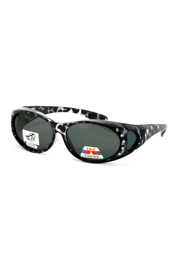 Womens Polarized Fit Over Glasses Sunglasses Rhinestone Rectangular Heart 60mm -Grey Leopard