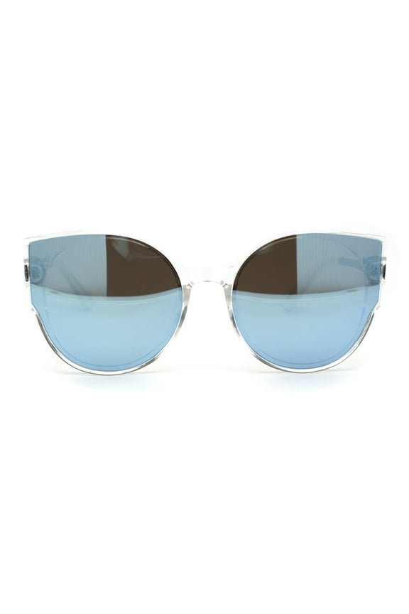 Womens Polarized Oversize Round Cat Eye Chic Sunglasses Clear Silver Blue Mirror