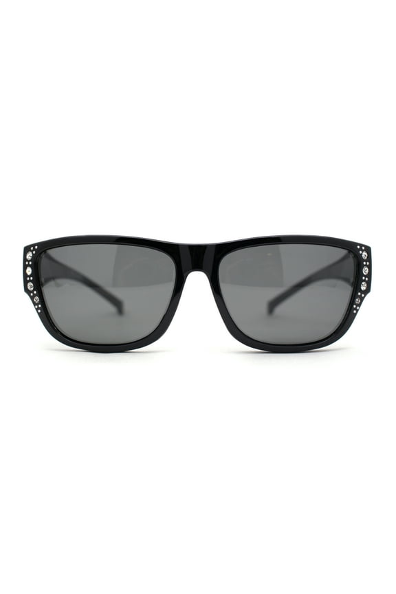 Womens Polarized Rhinestone 60mm Fit Over Rectangular OTG Fashion Sunglasses All Black