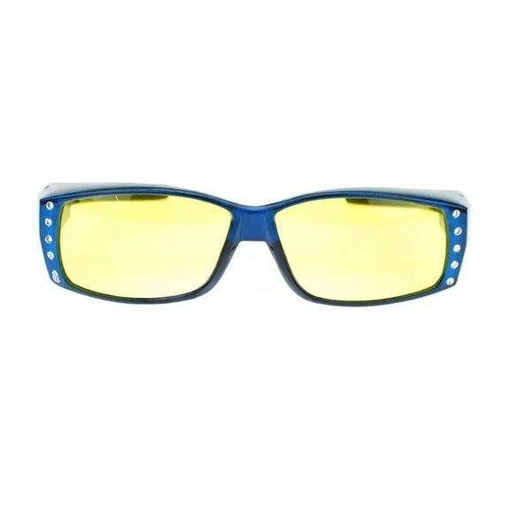 Womens Polarized Rhinestone Sunglasses that Fit Over Prescription Glasses with Night Driving Lens & UV400 Protection - Aqua Blue
