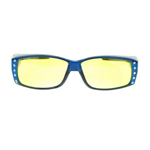 Womens Polarized Rhinestone Sunglasses that Fit Over Prescription Glasses with Night Driving Lens & UV400 Protection - Aqua Blue