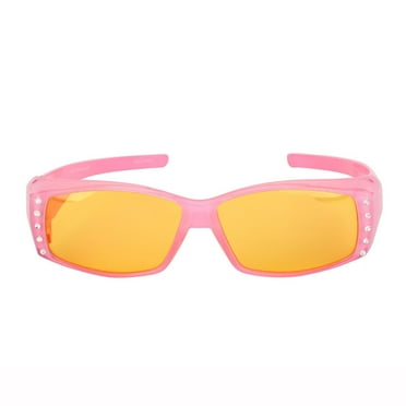Womens Polarized Rhinestone Sunglasses that Fit Over Prescription Glasses with Night Driving Lens & UV400 Protection - Pink