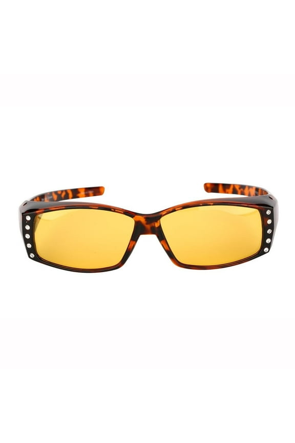 Womens Polarized Rhinestone Sunglasses that Fit Over Prescription Glasses with Night Driving Lens & UV400 Protection - Tortoise