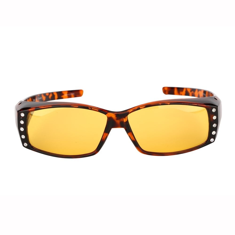Womens Polarized Rhinestone Sunglasses that Fit Over Prescription Glasses with Night Driving Lens & UV400 Protection - Tortoise