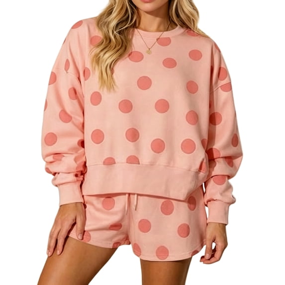 Womens Polka Dot 2 Piece Outfits Casual Oversized Long Sleeve Sweatshirts Shorts Set Tracksuits Sweatsuits S