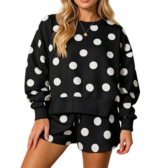 Womens Polka Dot 2 Piece Outfits Casual Oversized Long Sleeve Sweatshirts Shorts Set Tracksuits Sweatsuits S