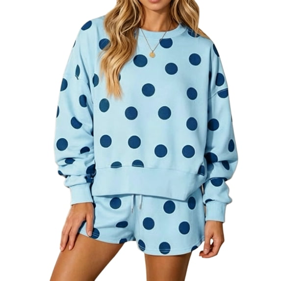 Womens Polka Dot 2 Piece Outfits Casual Oversized Long Sleeve Sweatshirts Shorts Set Tracksuits Sweatsuits S