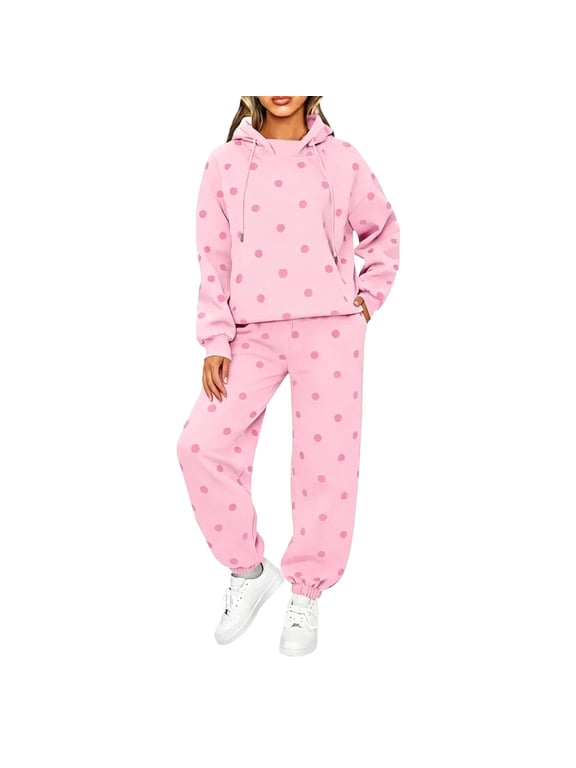 Womens Polka Dot 2 Piece Sets Long Sleeve Hooded Tops & Slim Jogger Pants, 2XL