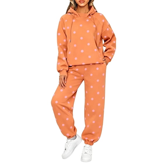 Womens Polka Dot 2 Piece Sets Long Sleeve Hooded Tops & Slim Jogger Pants, XL