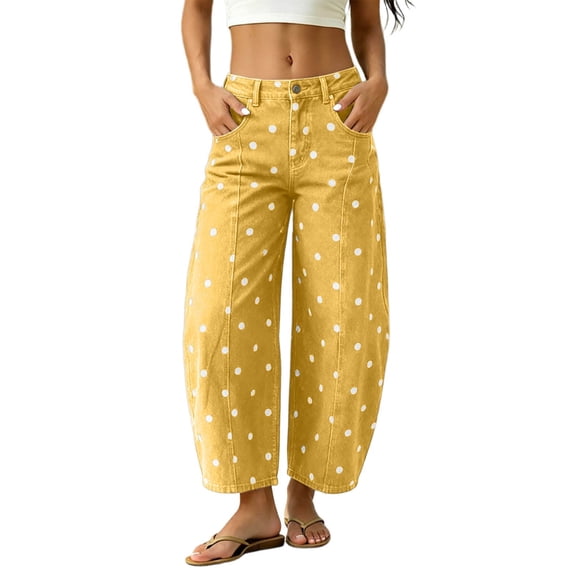 Womens Polka Dot Barrel Jeans High Waisted Wide Leg Denim Pants Y2K ...