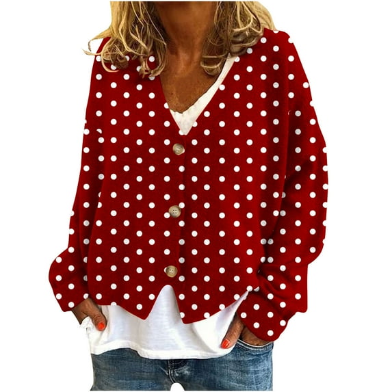 Womens Polka Dot Cardigans Sweaters Button Down V Neck Flannel Knit Coat Open Front Loose Winter Fall Sweater Tops