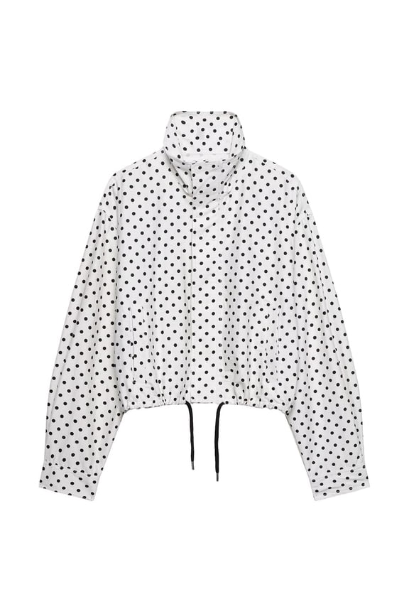 Womens Polka Dot Cropped Jacket Lightweight Zip-up Coat Stand Collar Polyester Coat