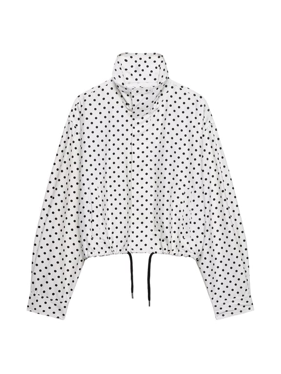 Womens Polka Dot Cropped Jacket Lightweight Zip-up Coat Stand Collar Polyester Coat