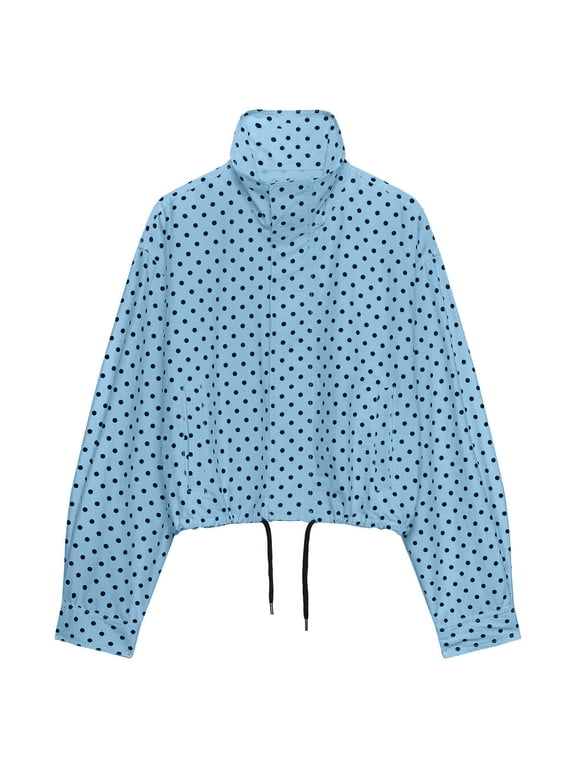 Womens Polka Dot Cropped Jacket Lightweight Zip-up Coat Stand Collar Polyester Coat