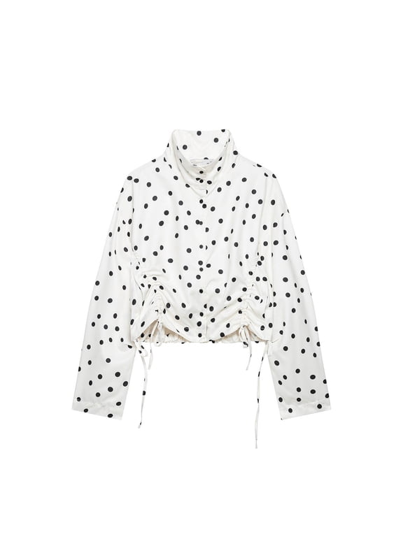 Womens Polka Dot Cropped Tops Stand Collar Button Down Blouses Long Sleeve Ruched Side Drawstring Tie Shirts 2026 White S