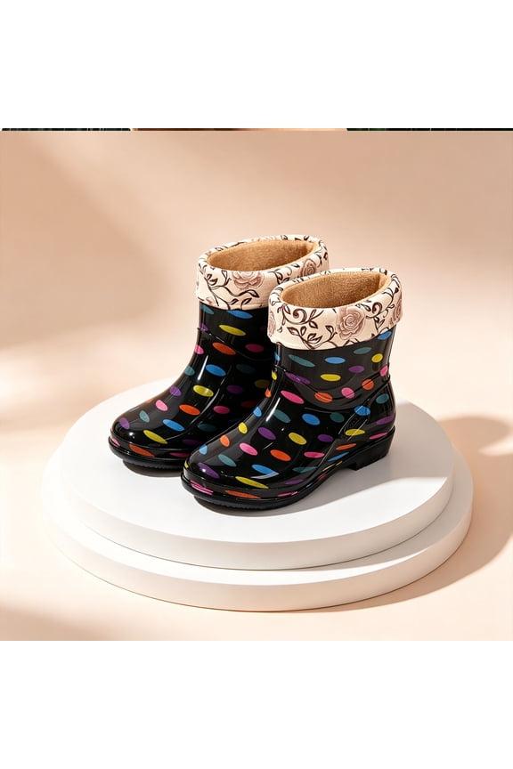 Womens Polka Dot Floral Cuff Mid Calf Rain Boots Detachable Fleece Lining Glossy PVC Non Slip Waterproof Short Wellies Multicolor 38