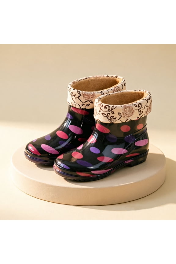 Womens Polka Dot Floral Cuff Mid Calf Rain Boots Detachable Fleece Lining Glossy PVC Non Slip Waterproof Short Wellies Multicolor A 38
