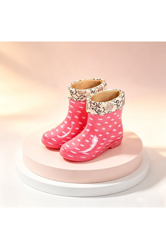Womens Polka Dot Floral Cuff Mid Calf Rain Boots Detachable Fleece Lining Glossy PVC Non Slip Waterproof Short Wellies Pink 41