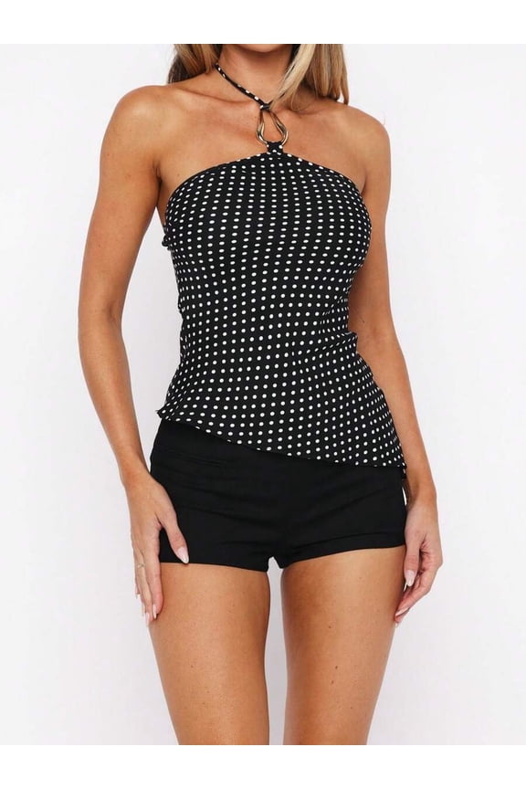 Womens Polka Dot Halter Top with Metal Ring Detail, Black, 1 Pack