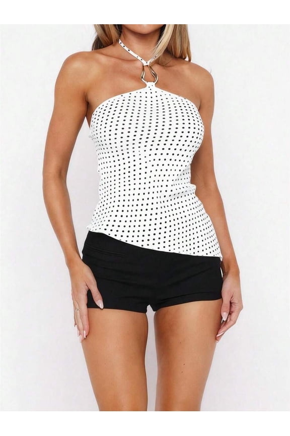 Womens Polka Dot Halter Top with Metal Ring Detail, White, 1 Pack