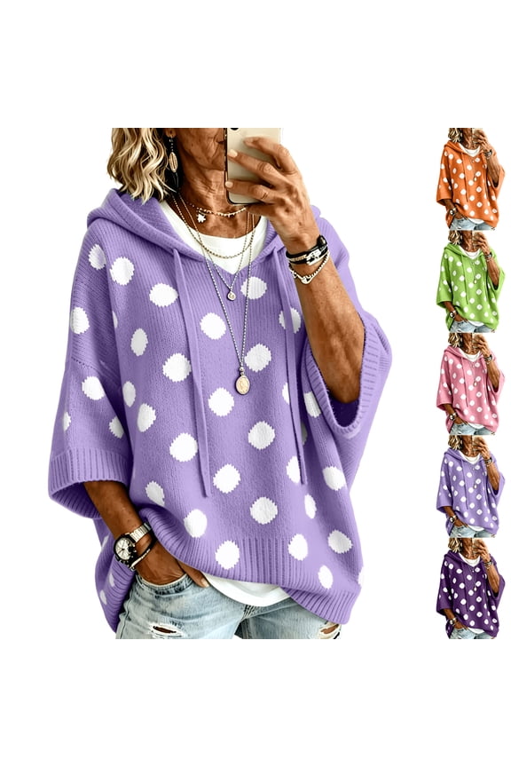 Womens Polka Dot Hooded Knit Pullover Sweater Drawstring Closure 3/4 Sleeves Batwing Loose Ribbed Cuffs Drop Shoulder Soft Comfy Trendy Winter Tops