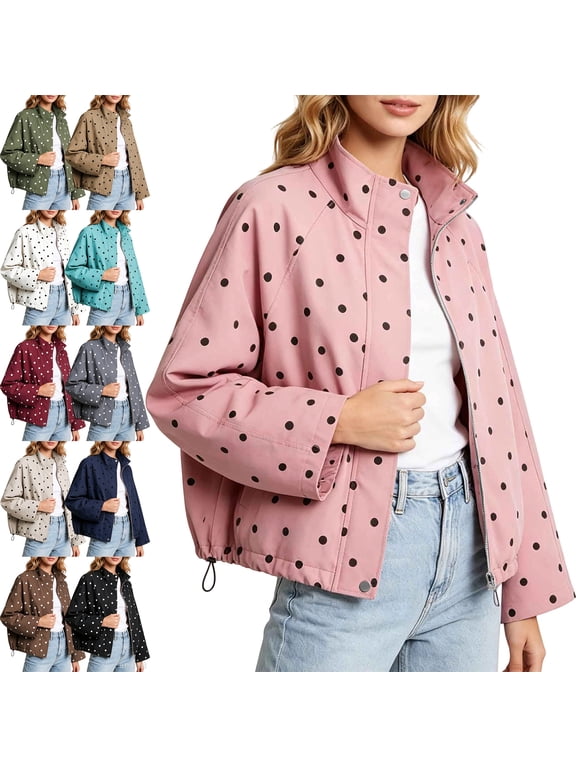 Womens Polka Dot Jacket Stand Collar Full Zip Drawstring Hem Coat, Casual Windbreaker Outerwear Jacket for Hiking