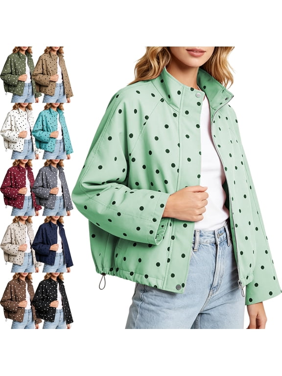 Womens Polka Dot Jacket Stand Collar Full Zip Drawstring Hem Coat, Casual Windbreaker Outerwear Jacket for Hiking