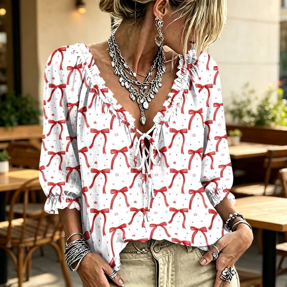 Womens Polka Dot Lace Up Blouses Boho Tops V Neck Casual Vacation Clothes Loose Fit Work Blouses