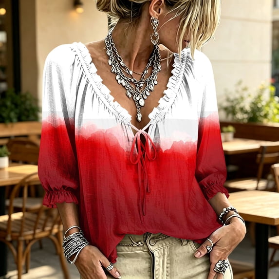 Womens Polka Dot Lace Up Blouses Summer V Neck 3/4 Sleeve Lace Up Blouses Drawstring Ruffle 3/4 Sleeve Summer Casual Flowy Tops