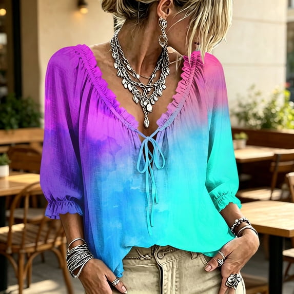 Womens Polka Dot Lace Up Blouses Women's V-Neck Abstract Geometric Print Flowy Summer Ruffe Shirt