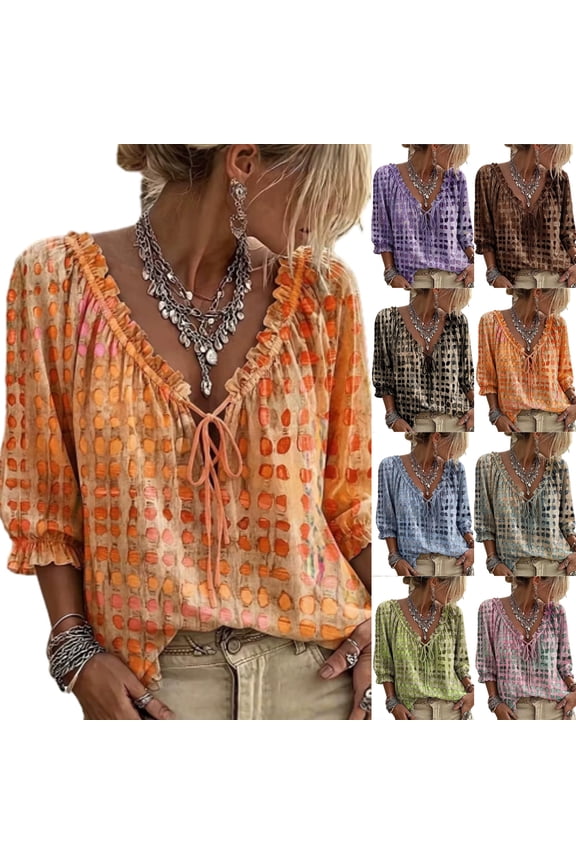 Womens Polka Dot Lace up Blouse Summer Ruffled V-Neck Tops Tie-edge Bow-Front 3/4 Sleeve Shirts