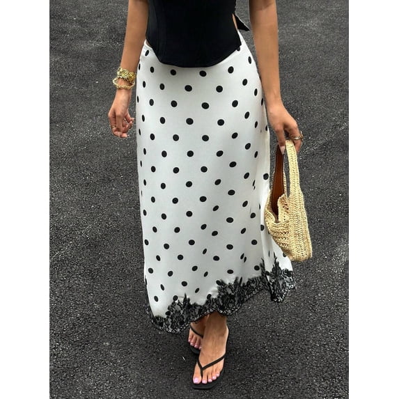 Womens Polka Dot Maxi Skirt Black White Satin Lace Hem Long Skirt