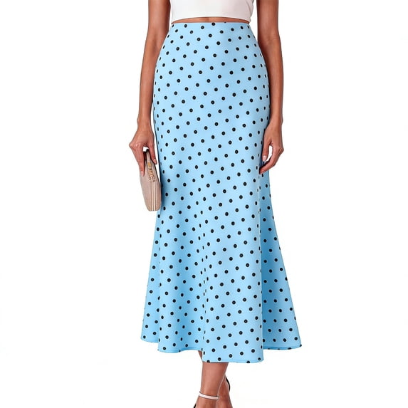 Womens Polka Dot Maxi Skirt Summer Elastic High Waisted A Line Flowy Fishtail Elegant Long Skirts Light Blue
